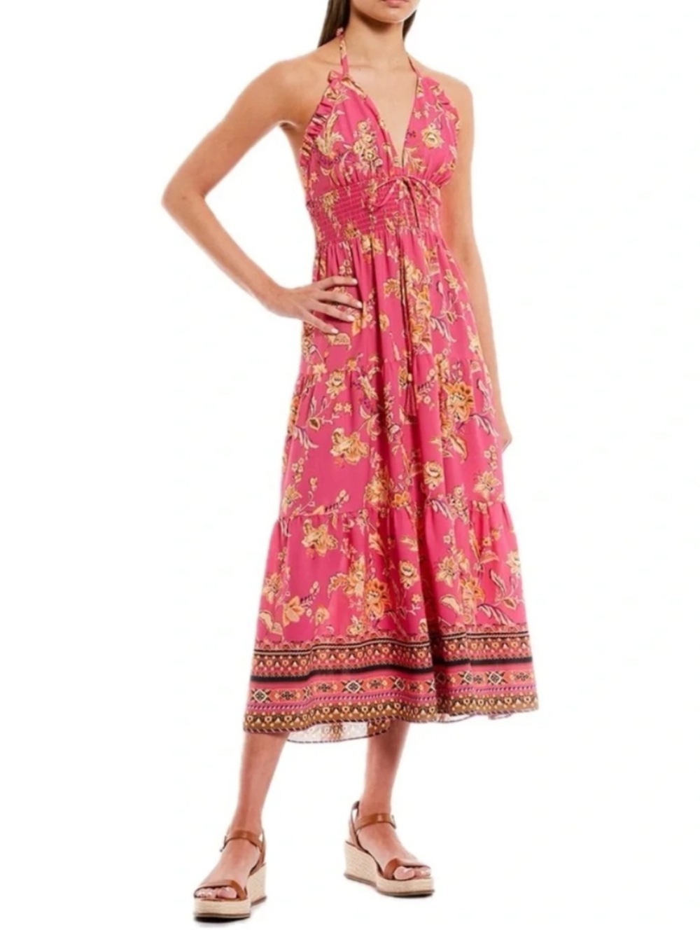 Chelsea & Violet Women Fuchsia Halter Floral Empire Waist Boho Midi Dress sz L
